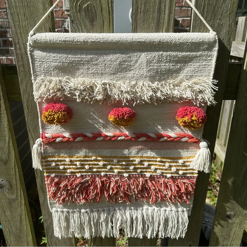 Bohemian Woven Cream Orange and Gold Tapestry Wall Decor